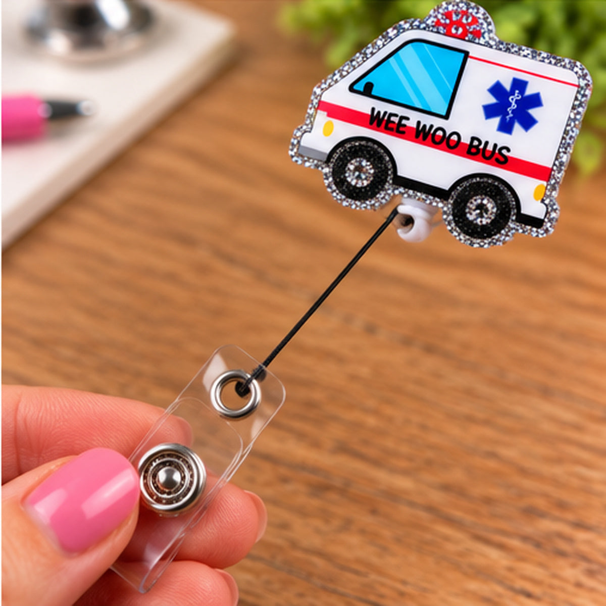 Wee Woo Bus Glitter Ambulance Badge Reel