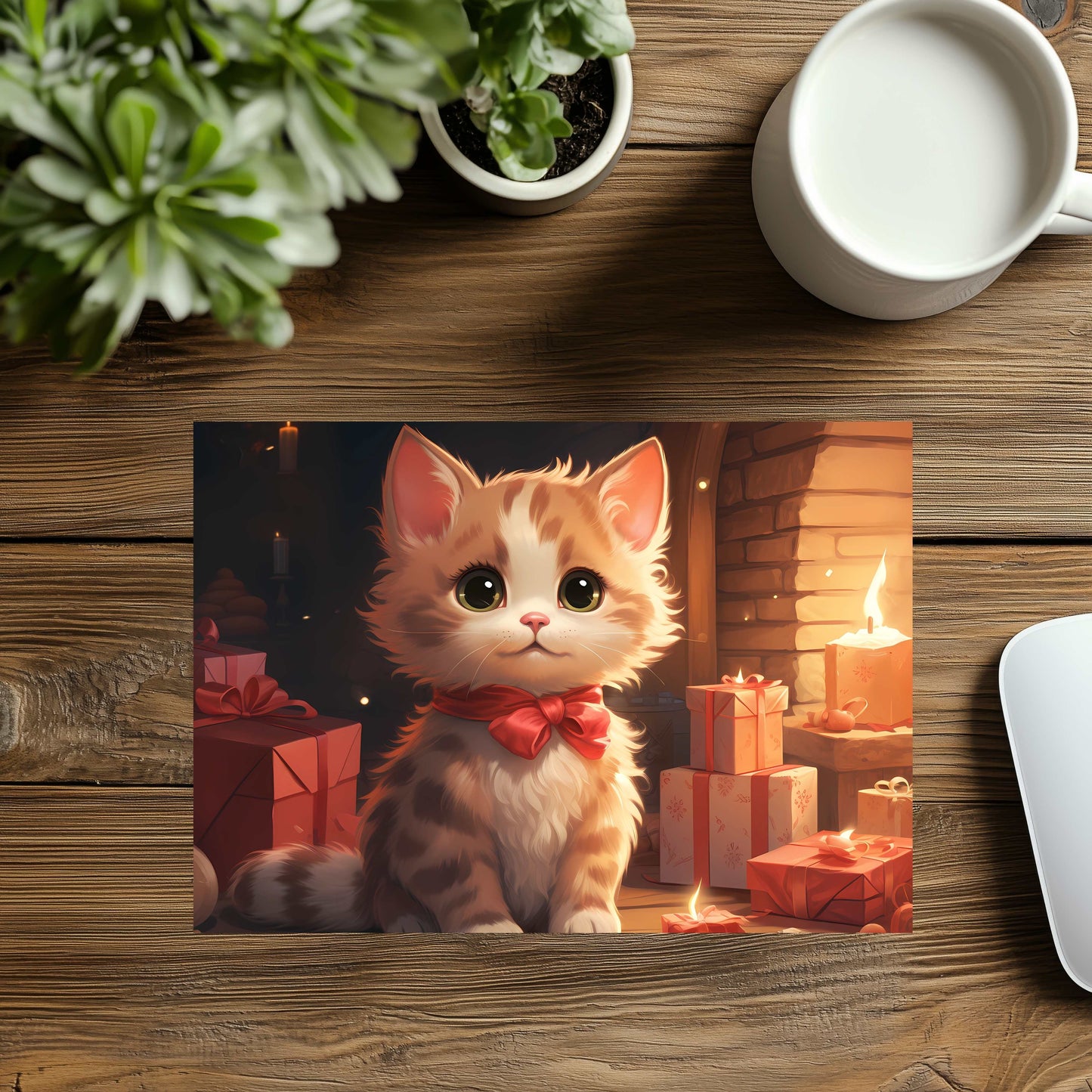 Orange Kitty Red Bow Mousepad