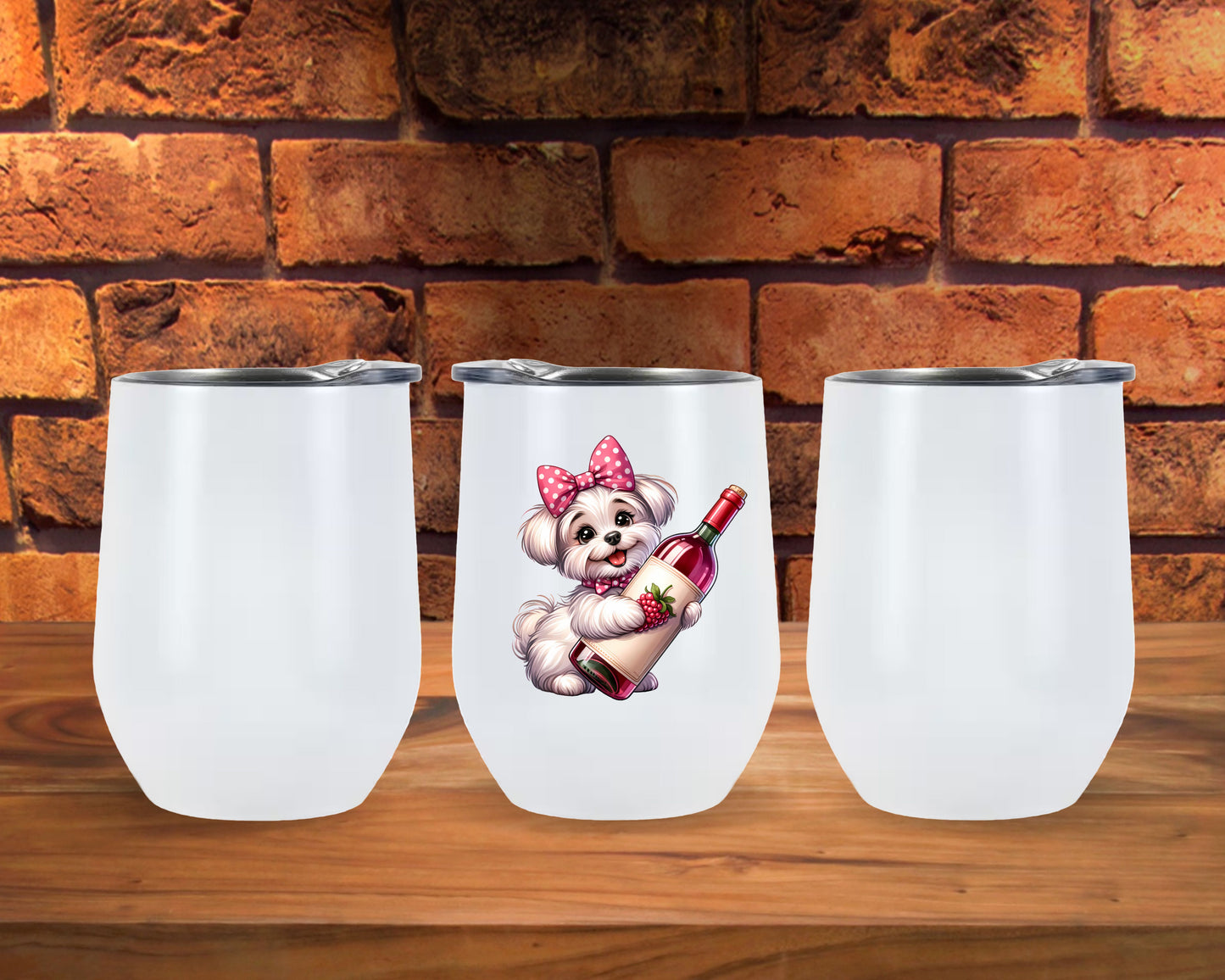 White Puppy Pink Bow Wine Glass Tumbler