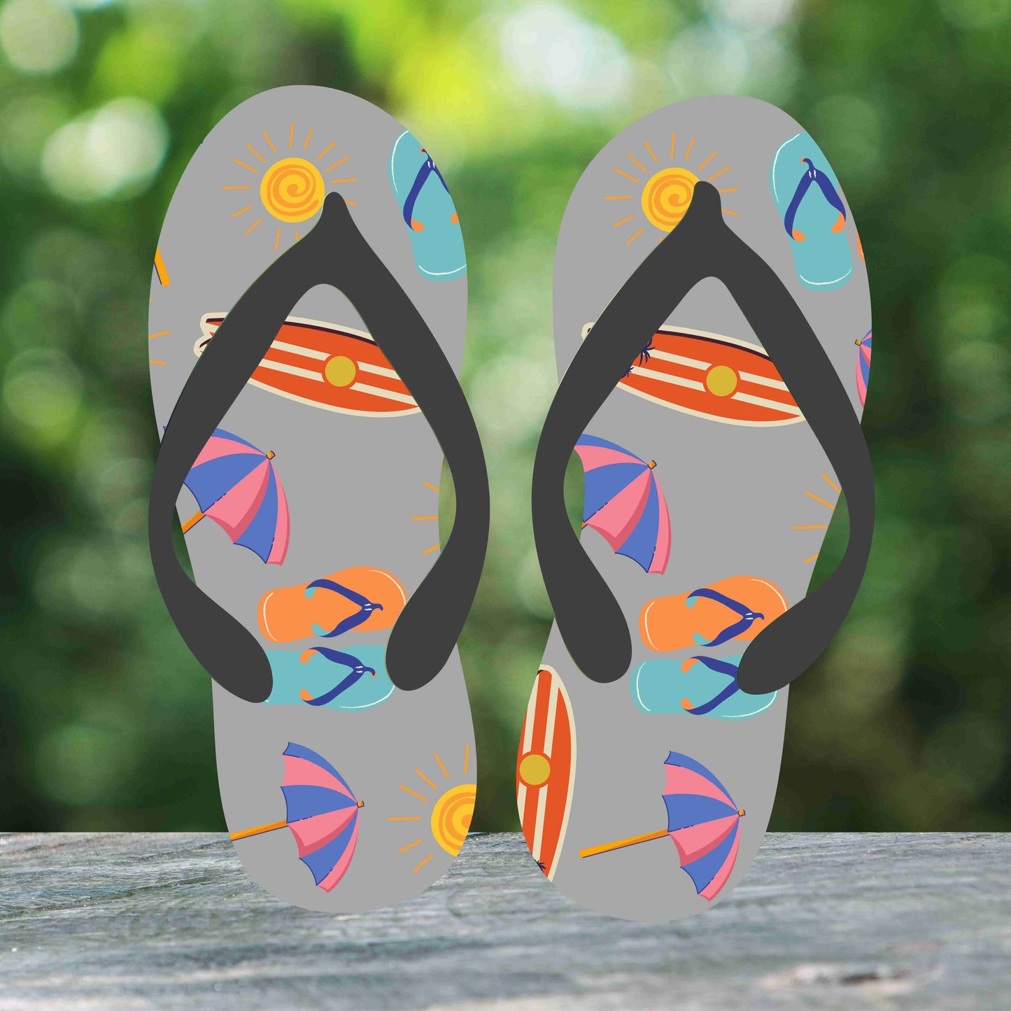 Gray Umbrella And Surf Board Flip Flops
