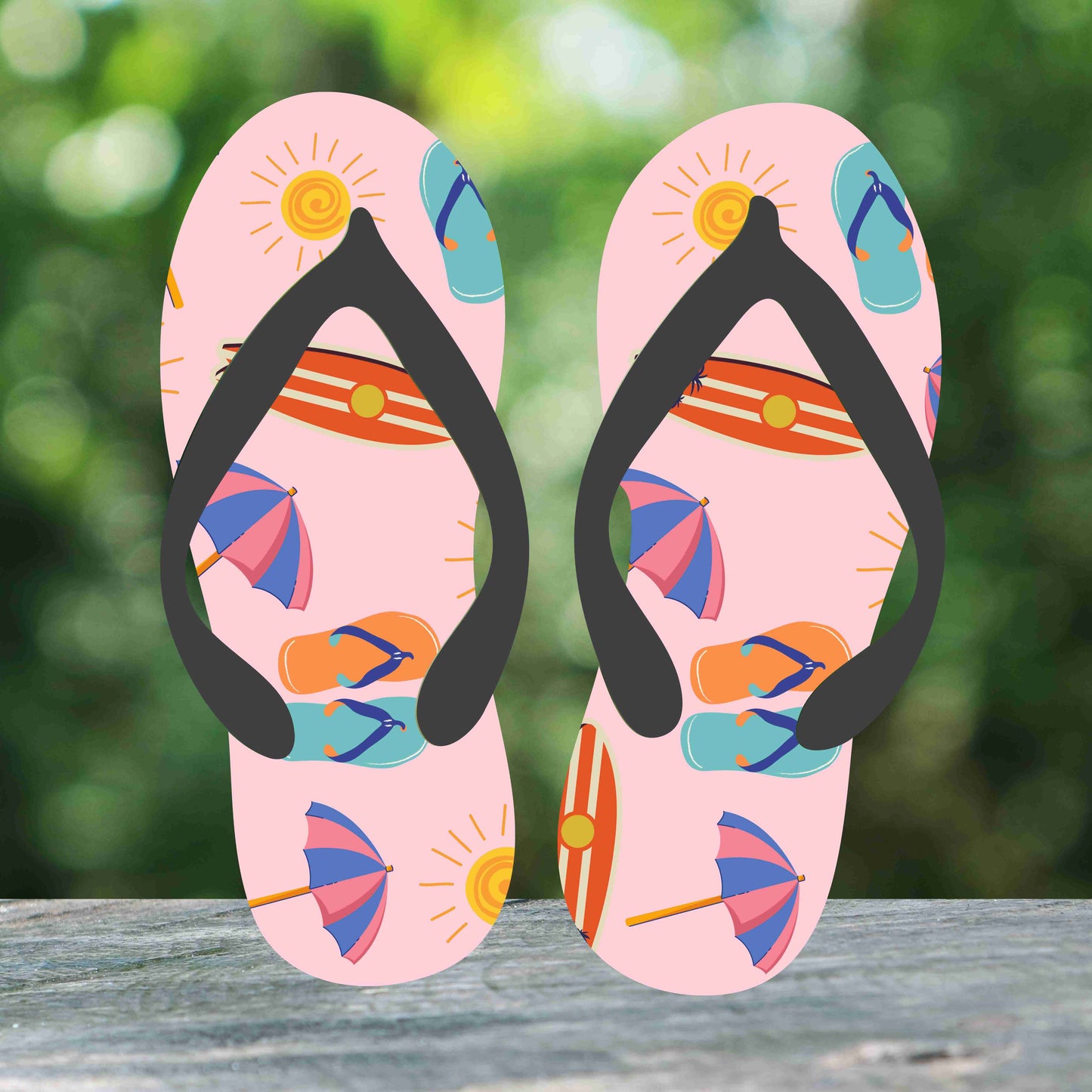 Pink Umbrella And Surf Board Flip Flops