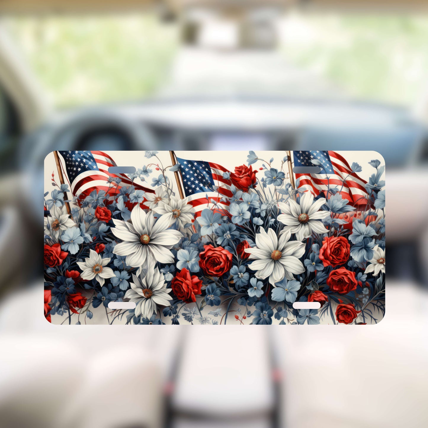 American Flag And Flowers License Plate