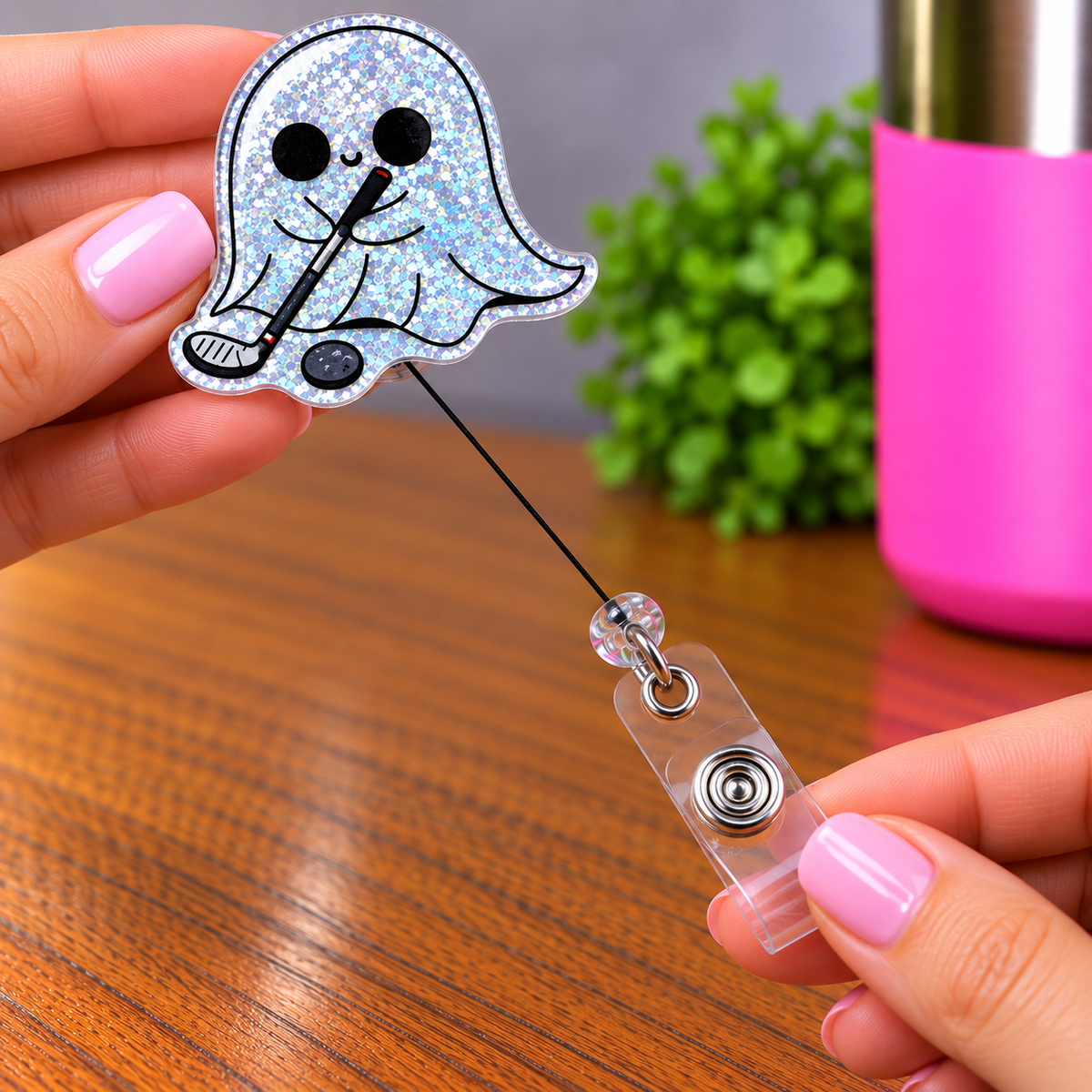 Golf Ghost Glitter Retractable Badge Reel