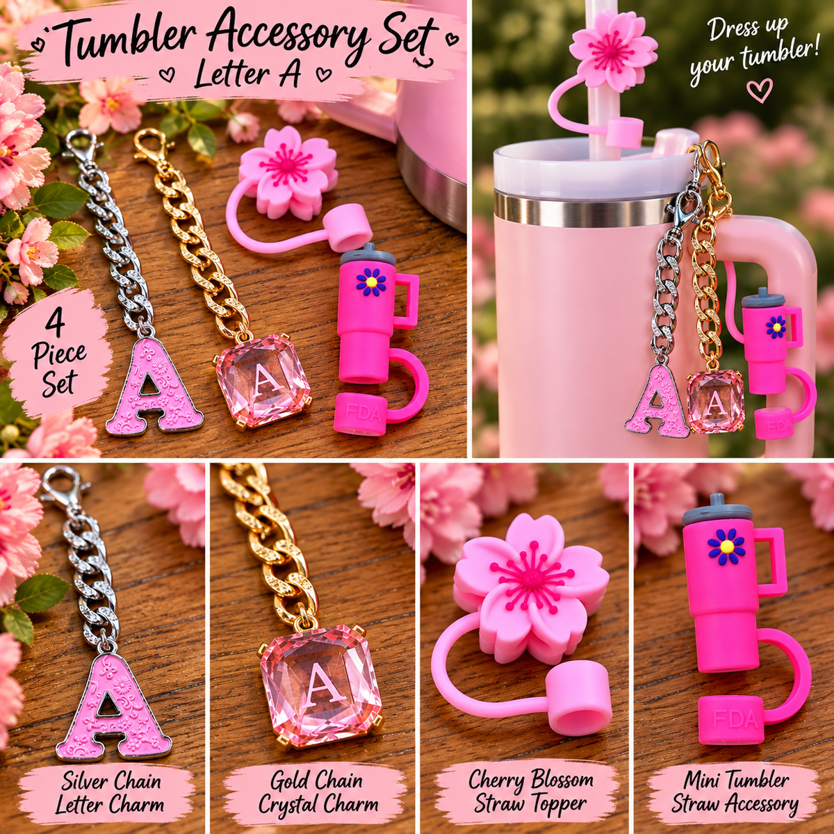 Pink Floral Tumbler Accessory Set β Letter A