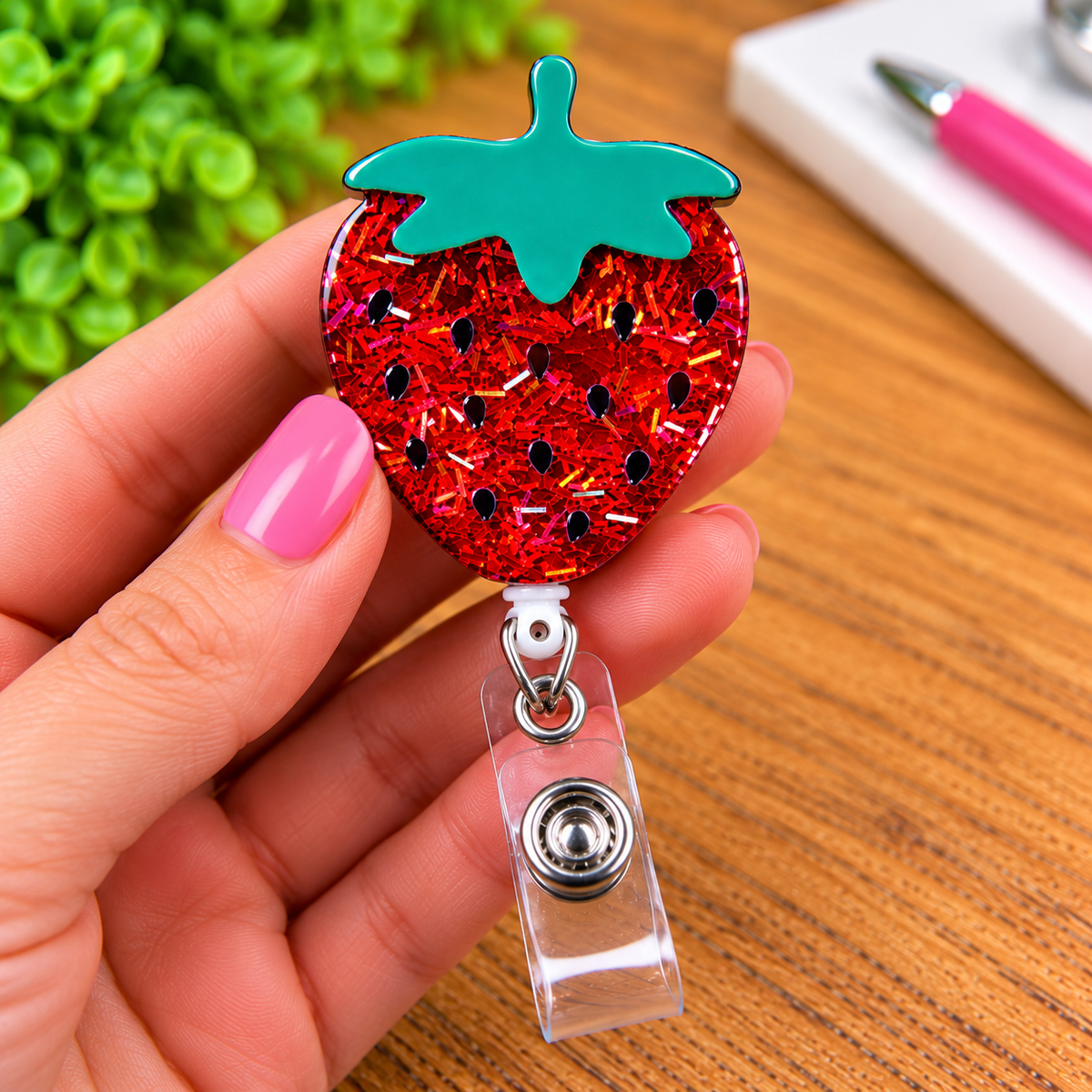 Red Glitter Strawberry Retractable Badge Reel
