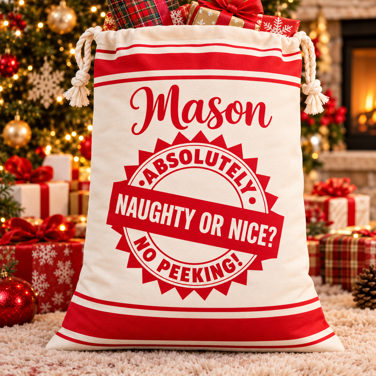 Personalized Santa Christmas Gift Sack – Naughty or Nice? No Peeking!