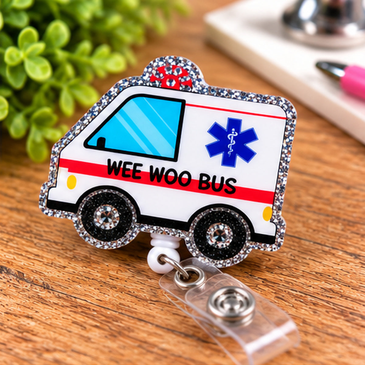 Wee Woo Bus Glitter Ambulance Badge Reel