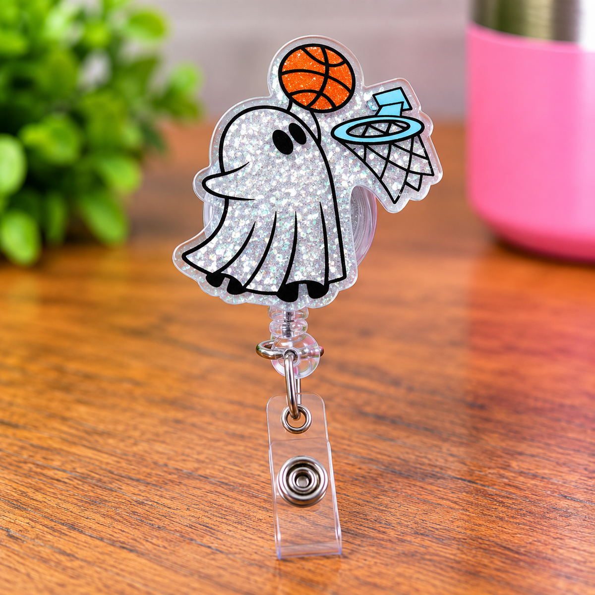 Basketball Ghost Glitter Retractable Badge Reel – Cute Spooky ID Holder
