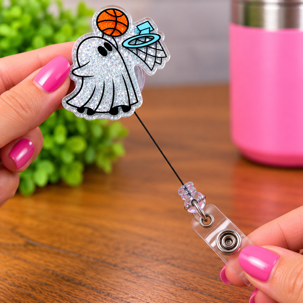Basketball Ghost Glitter Retractable Badge Reel – Cute Spooky ID Holder