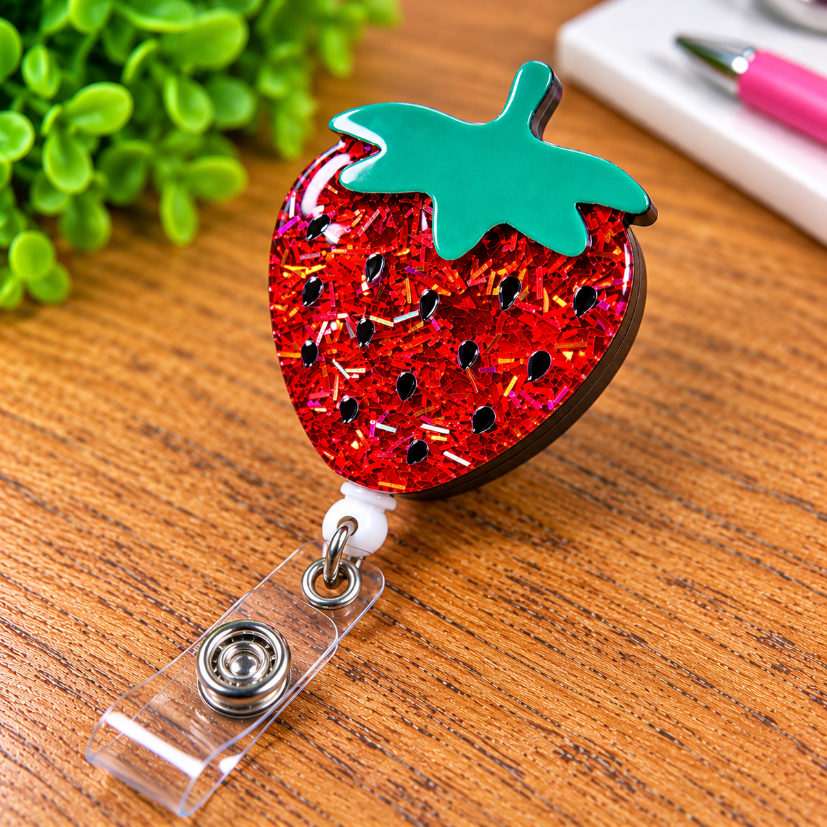 Red Glitter Strawberry Retractable Badge Reel