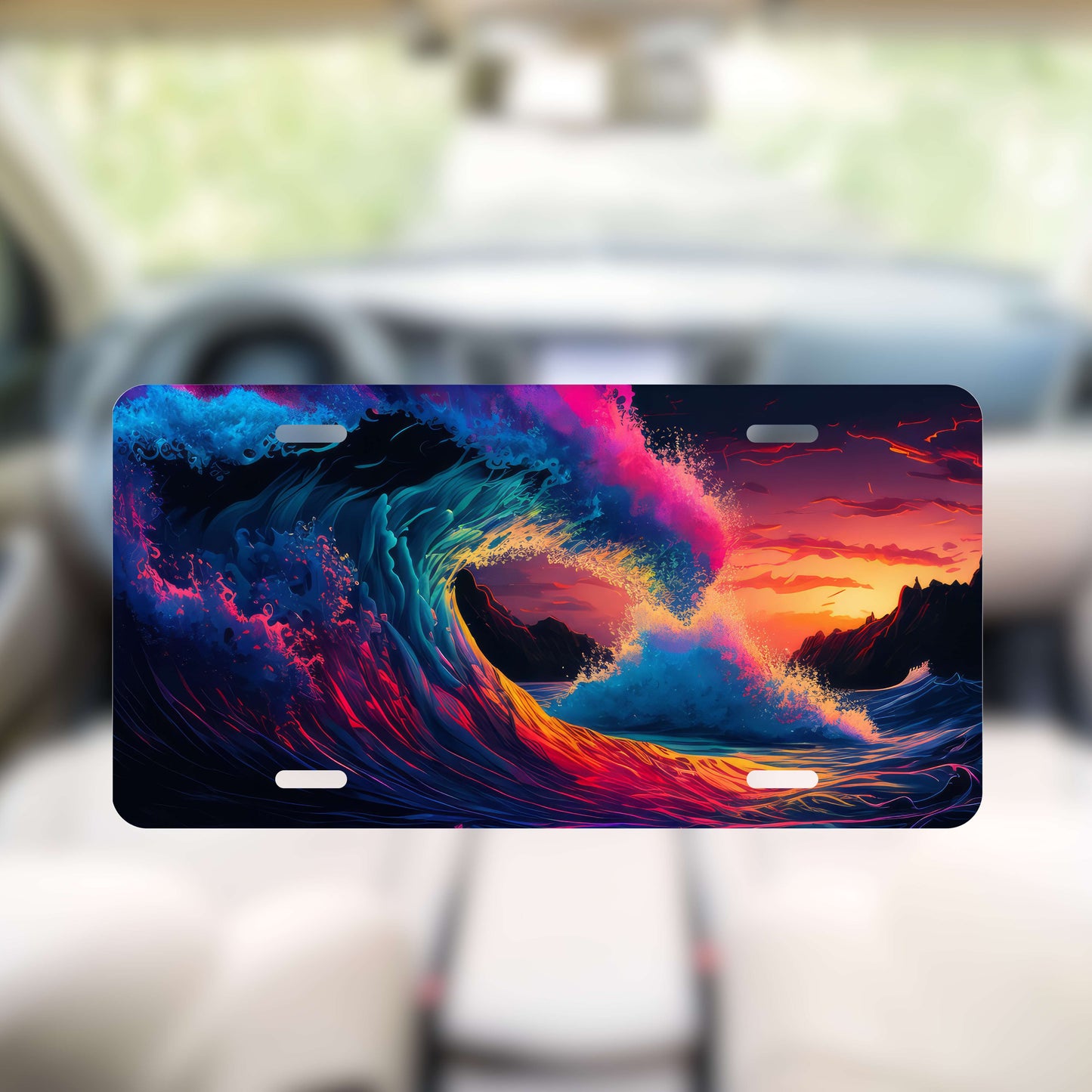 Neon Ocean Waves License Plate
