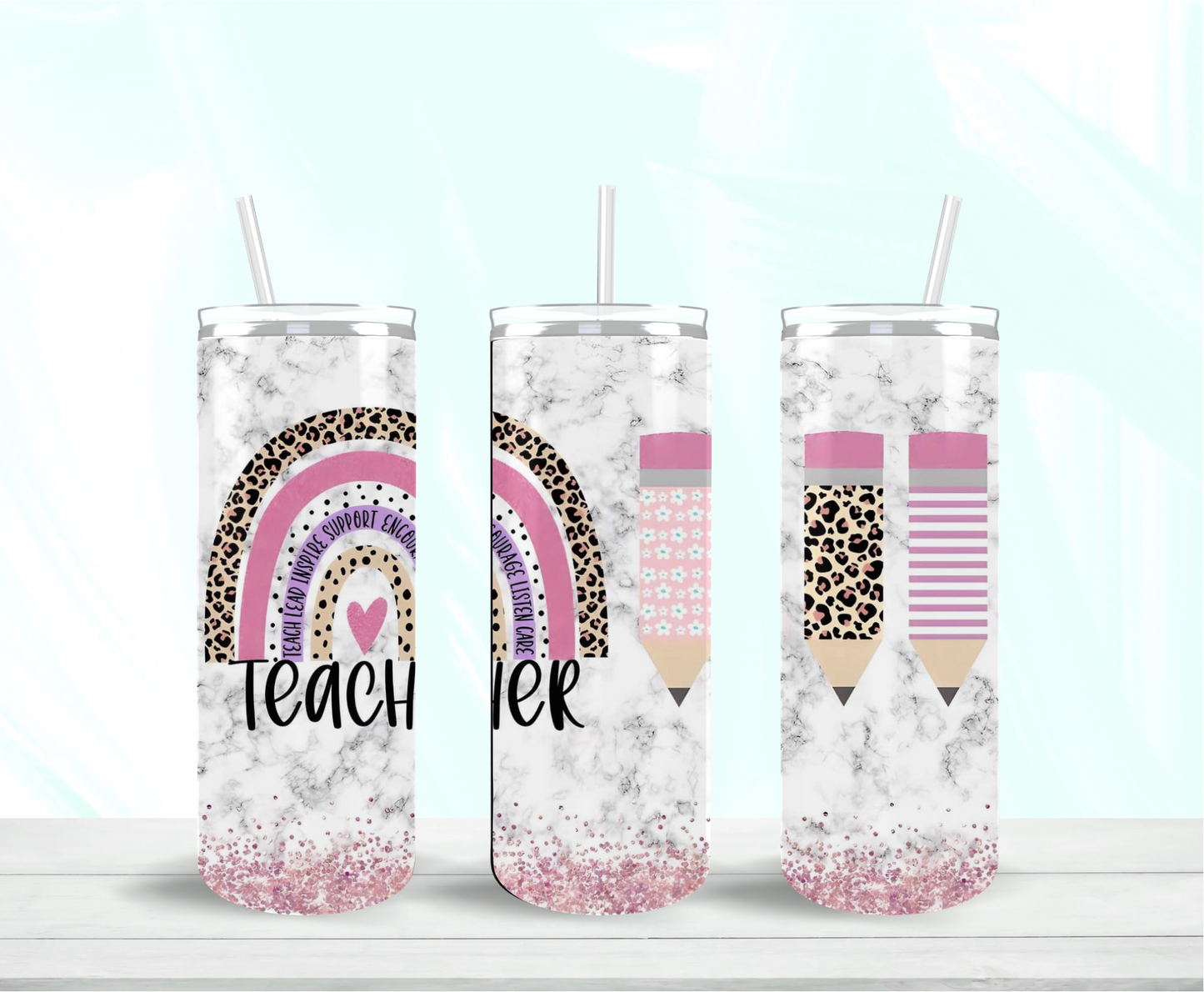 Teacher Teach Lead Inspire Support Encourage Listen Care Skinny Tumbler