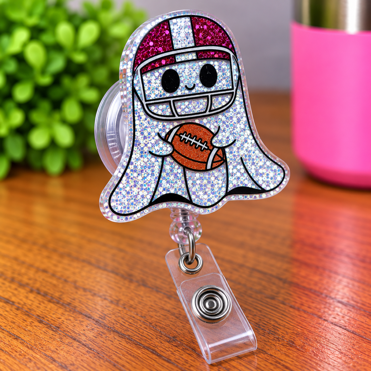 Football Ghost Glitter Retractable Badge Reel
