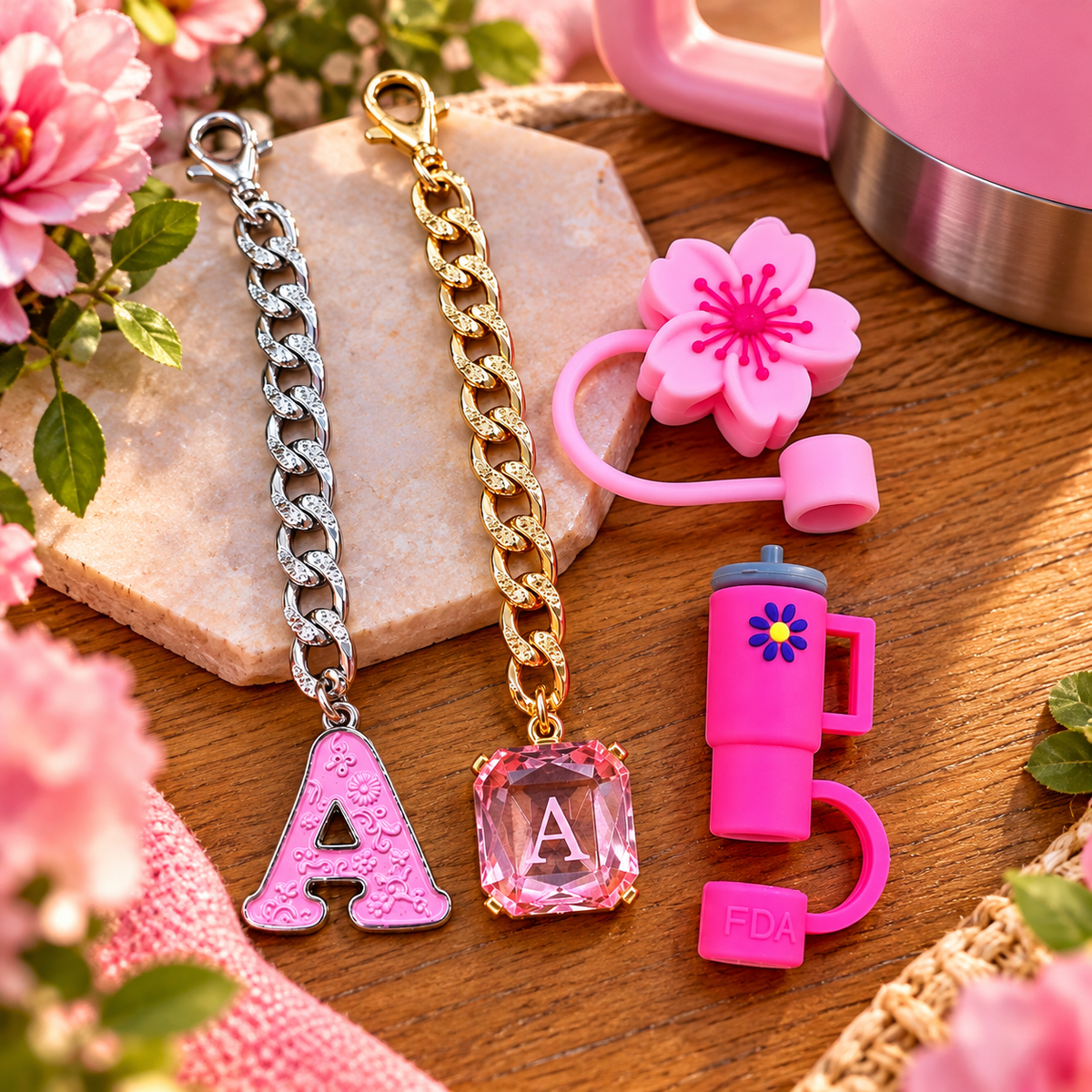 Pink Floral Tumbler Accessory Set – Letter A