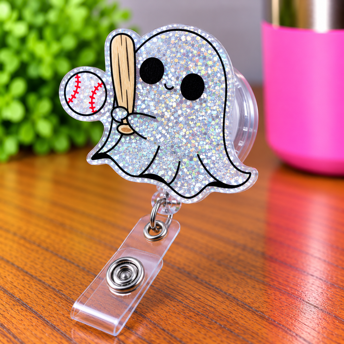 Baseball Ghost Glitter Retractable Badge Reel