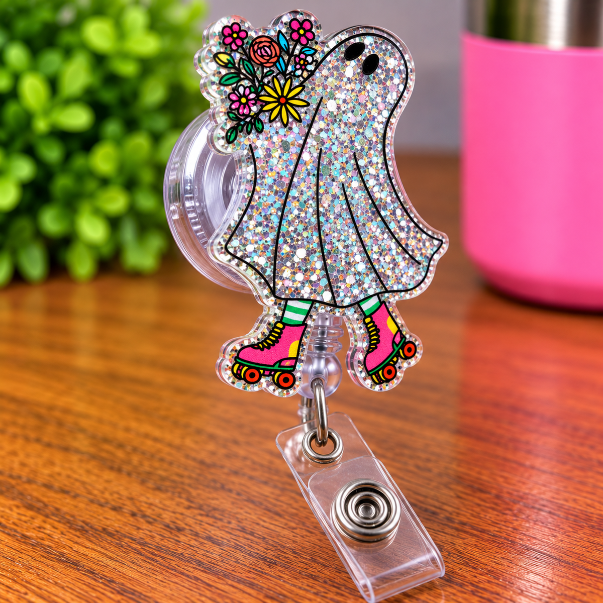 Retro Roller Skating Ghost Glitter Retractable Badge Reel