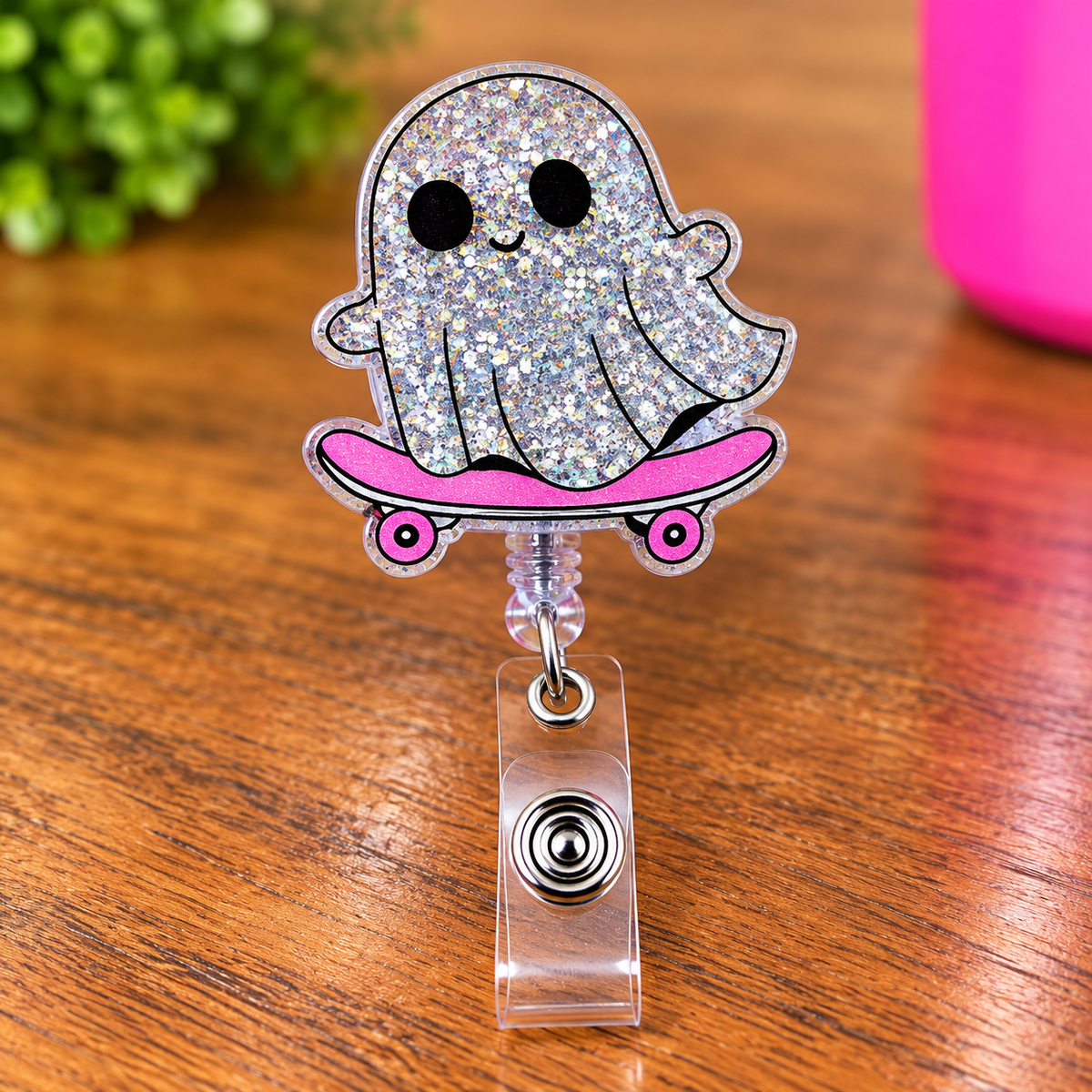 Skateboarding Ghost Glitter Badge Reel