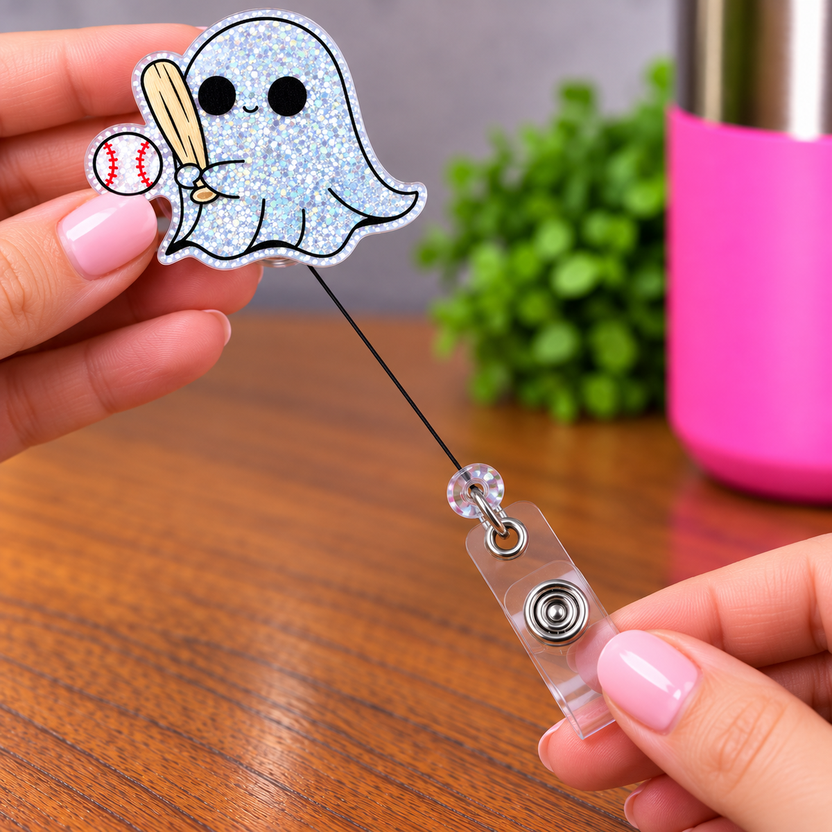 Baseball Ghost Glitter Retractable Badge Reel