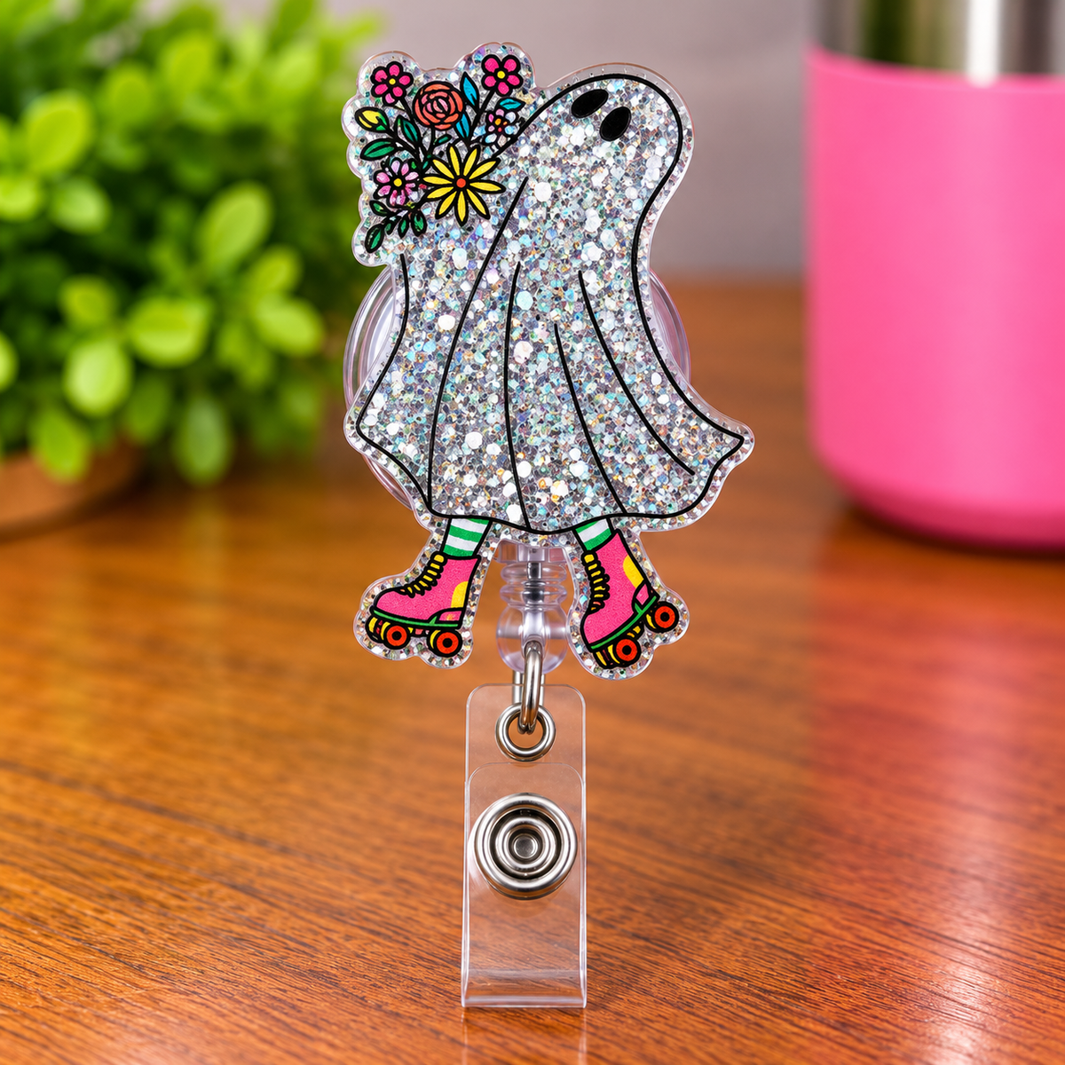 Retro Roller Skating Ghost Glitter Retractable Badge Reel