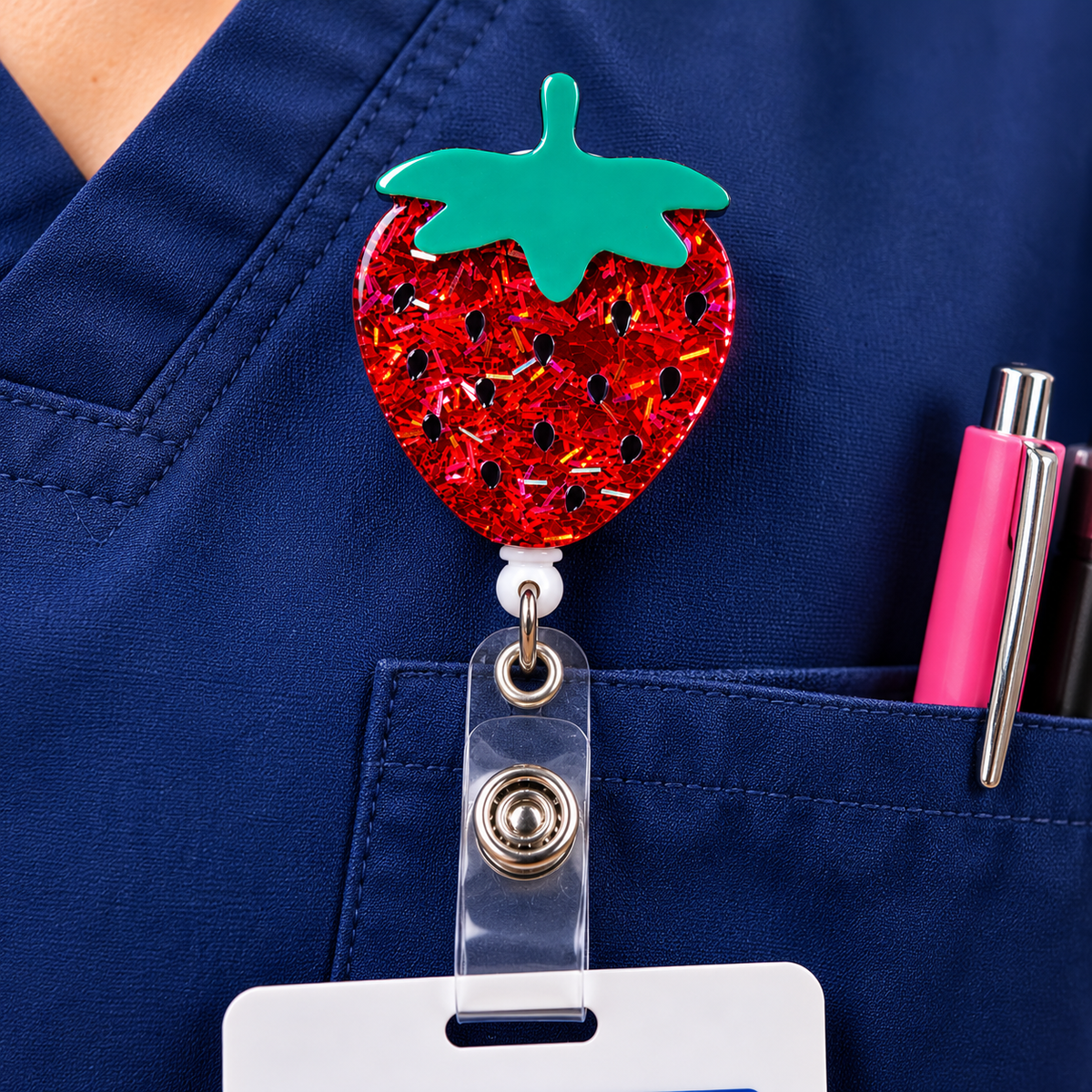 Red Glitter Strawberry Retractable Badge Reel