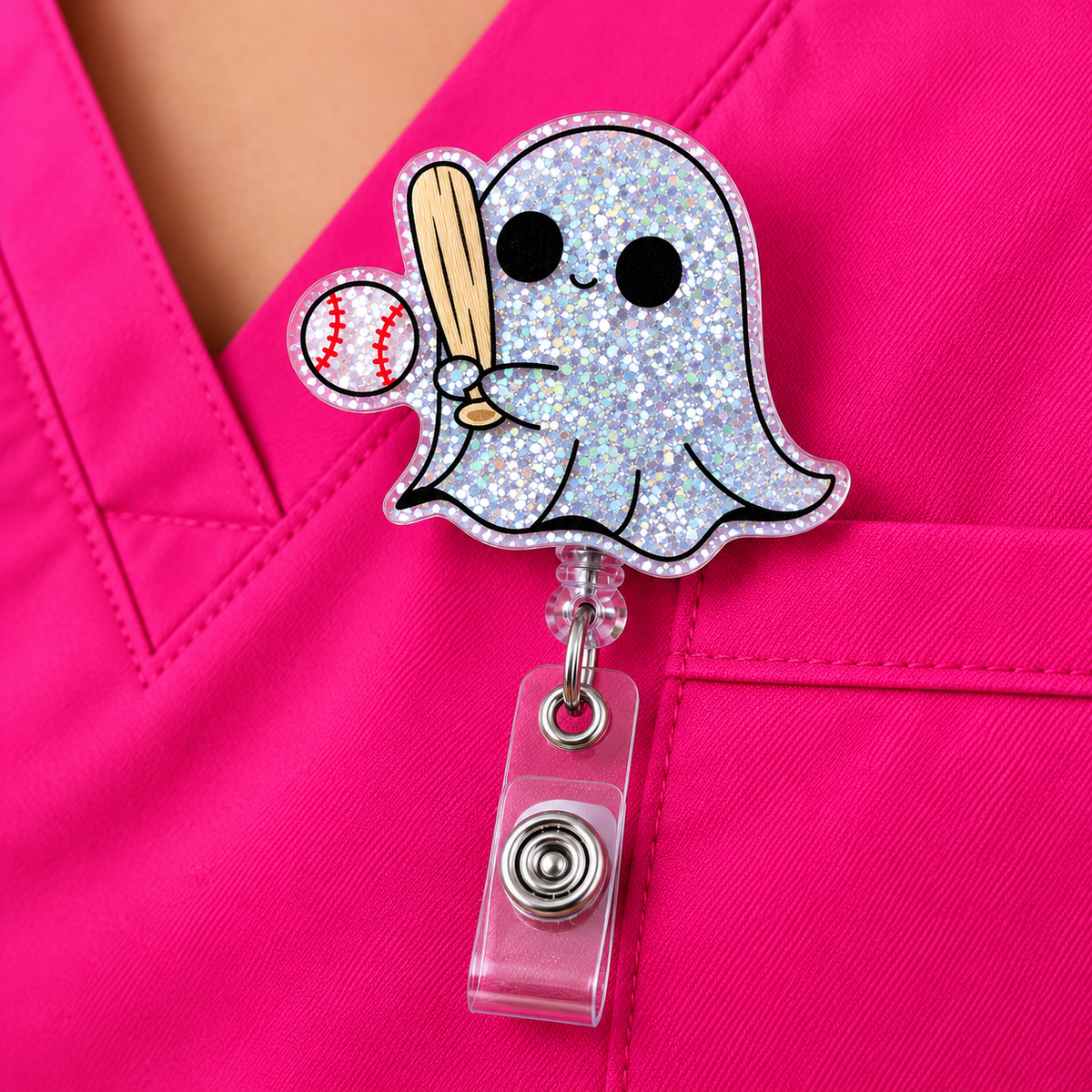 Baseball Ghost Glitter Retractable Badge Reel