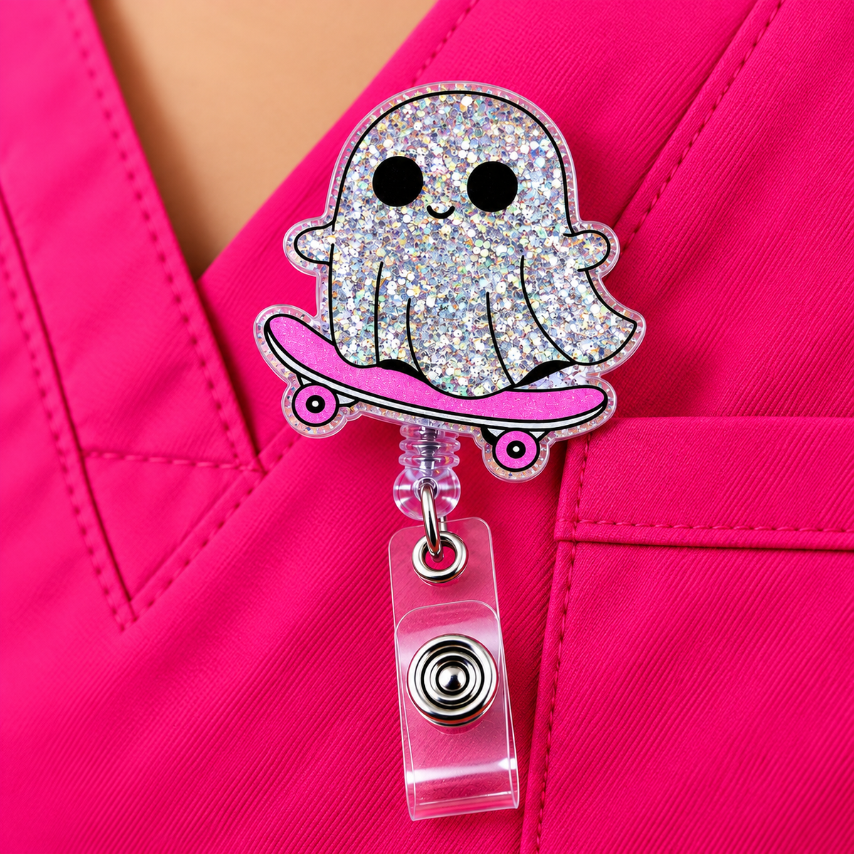 Skateboarding Ghost Glitter Badge Reel