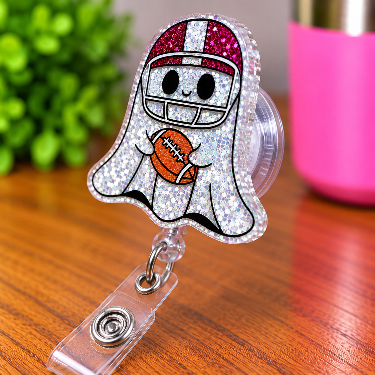 Football Ghost Glitter Retractable Badge Reel
