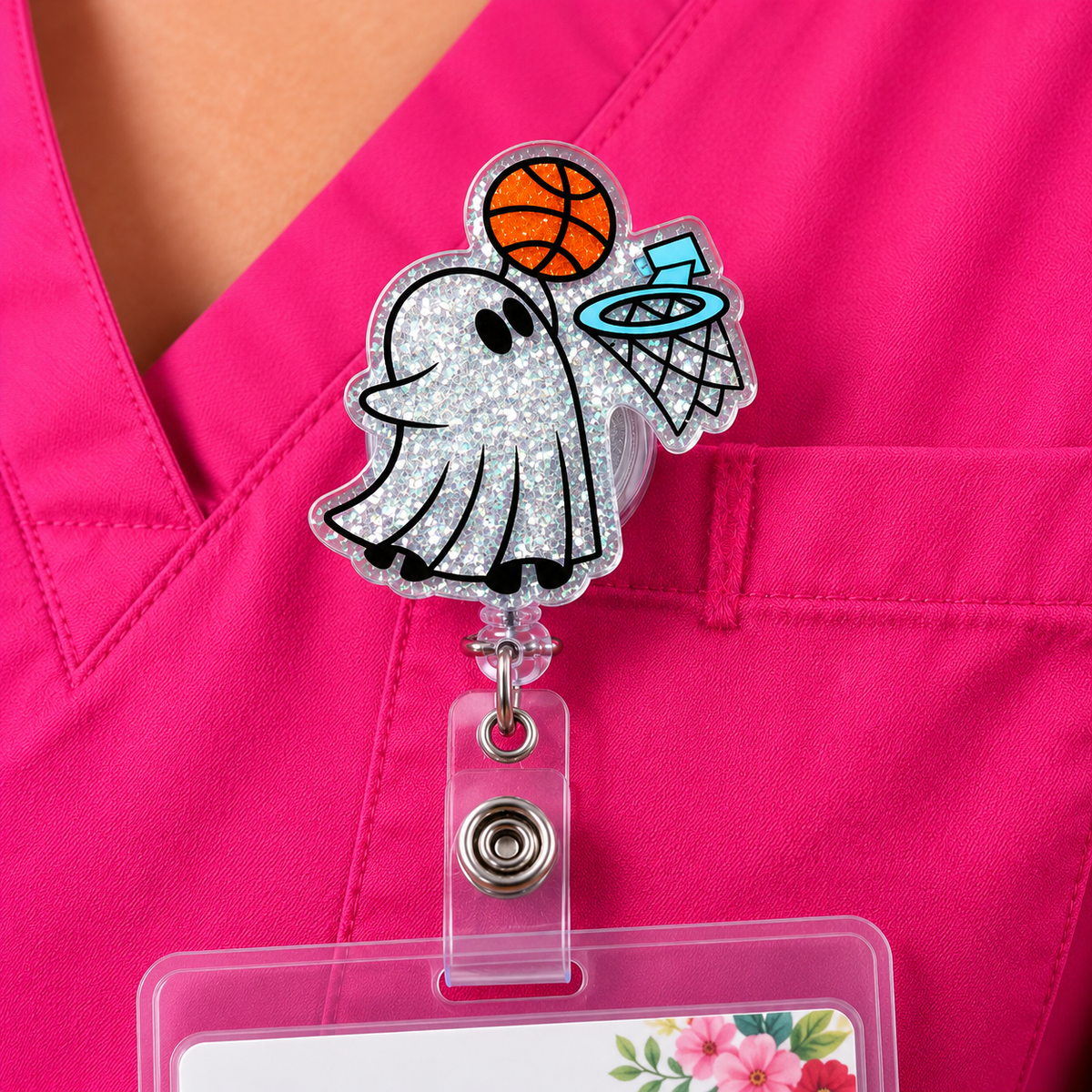 Basketball Ghost Glitter Retractable Badge Reel – Cute Spooky ID Holder